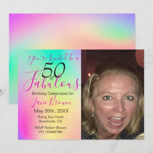 50 en Fabulous Rainbow Colorful Birthday Kaart (Voorkant / Achterkant)
