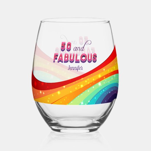 50 en Fabulous Rainbow Custom 50th Verjaardag Wijnglas Zonder Voet (Achterkant)