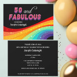 50 en Fabulous Rainbow Sparkle Pink Tekst Verjaard Kaart<br><div class="desc">Verras je gasten met deze heldere regenboog 50 en fantastische uitnodigingen voor verjaardagsfeestjes. Roze en paarse gewaagde typografie boven een kleurrijke regenboog met faux sparkles creëer een prachtige look voor uw grote evenement. De moderne zwarte achtergrond maakt uw leuke kleurkeuzes echt pop en opvallen. Coördineer met bijpassende feestinrichting door het...</div>