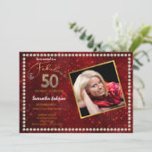 50 en Fabulous Red Bling 50ste verjaardagsfeestje Kaart (Staand voorkant)