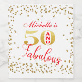 50 en Fabulous Red Gold Glitter White Birthday Wijn Etiket (Enkel label)