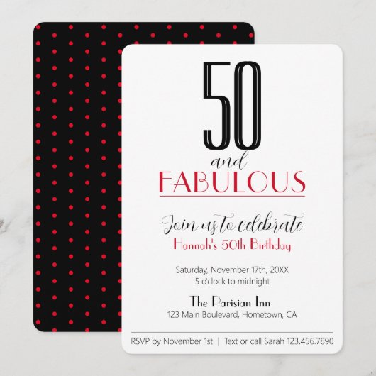 50 en Fabulous Retro Birthday Red en Black Invit Kaart (Voorkant / Achterkant)