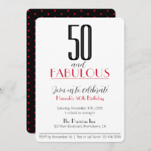 50 en Fabulous Retro Birthday Red en Black Invit