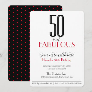 50 en Fabulous Retro Birthday Red en Black Invit Kaart