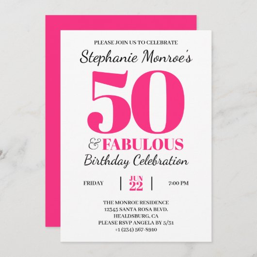 50 en Fabulous Retro Pink Typografie Birthday Kaart (Voorkant / Achterkant)