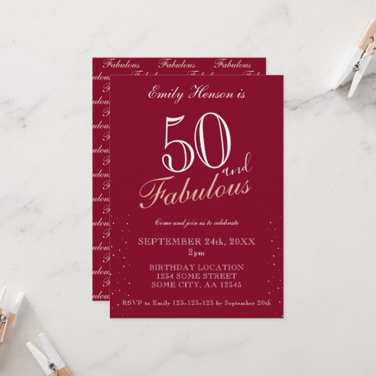 50 en Fabulous Rode Elegante Script Verjaardag Kaart (Voorkant / Achterkant in situ)