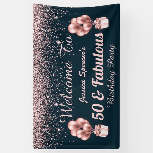 50 en Fabulous Roos Gold 50th Birthday Weclome Spandoek (Verticaal)
