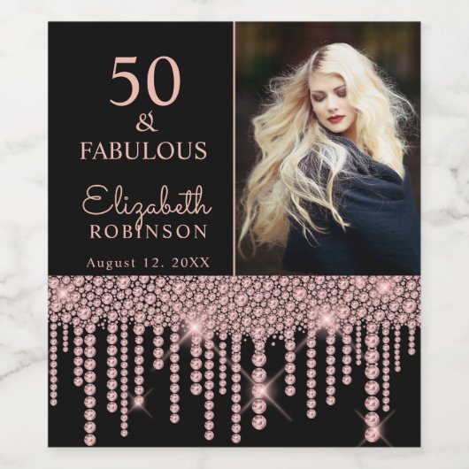50 en Fabulous Roos Gold Drips Birthday Party Wijn Etiket (Enkel label)