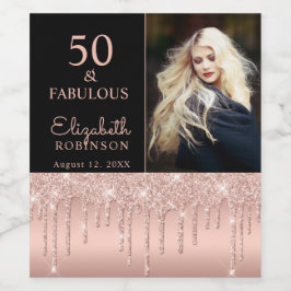 50 en Fabulous Roos Gold Drips Birthday Party Wijn Etiket