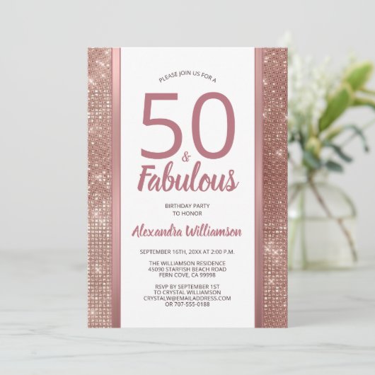 50 en Fabulous Roos Gold Glam 50th Birthday Party Kaart (Staand voorkant)
