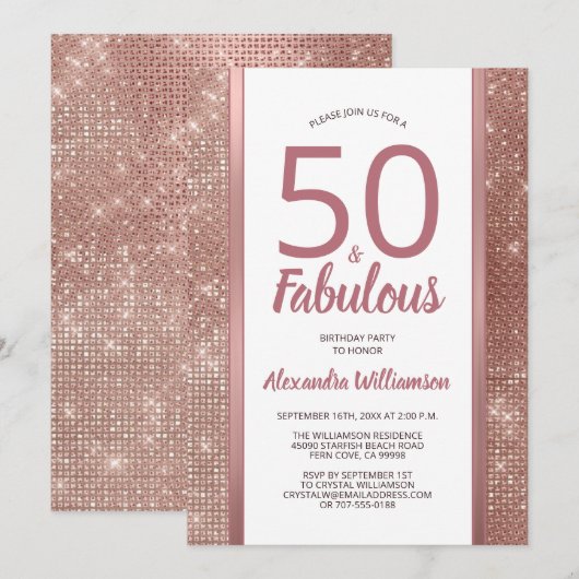 50 en Fabulous Roos Gold Glam 50th Birthday Party Kaart (Voorkant / Achterkant)
