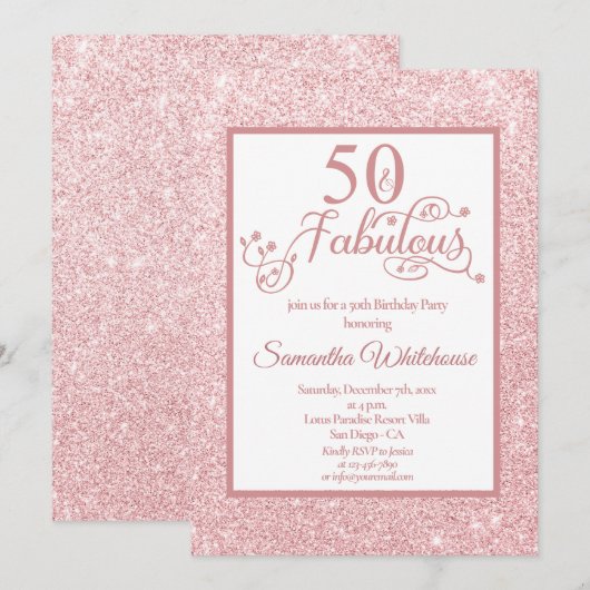 50. en Fabulous Roos Gold Glitter Birthday Party Kaart (Voorkant / Achterkant)