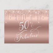 50. en Fabulous Roos Gold Glitter Birthday Party Uitnodiging Briefkaart (Voorkant)
