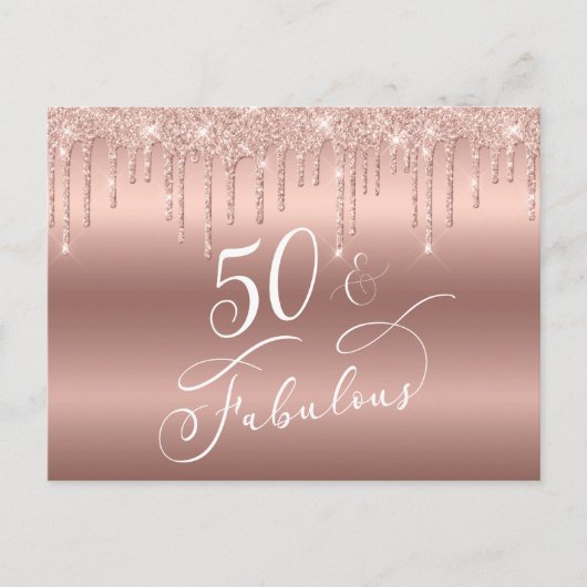 50. en Fabulous Roos Gold Glitter Birthday Party Uitnodiging Briefkaart (Voorkant)