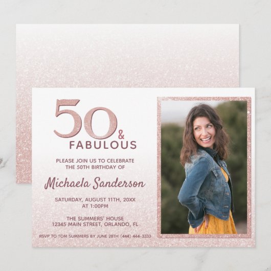 50 en Fabulous Roos Gold Glitter Elegant Birthday Kaart (Voorkant / Achterkant)