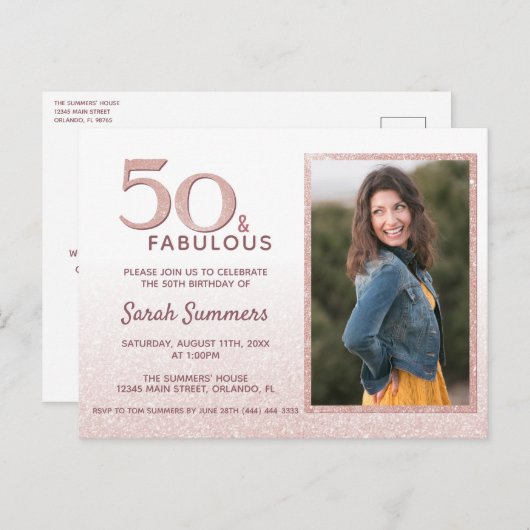 50 en Fabulous Roos Gold Glitter Elegant Birthday Uitnodiging Briefkaart (Voorkant / Achterkant)
