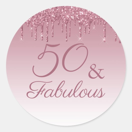 50 en Fabulous Roos Gold Pink Dripping Glitter Ronde Sticker (Voorkant)
