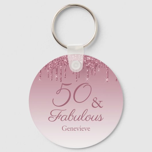 50 en Fabulous Roos Gold Pink Dripping Glitter Sleutelhanger (Voorkant)
