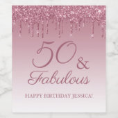 50 en Fabulous Roos Gold Pink Dripping Glitter Wijn Etiket (Enkel label)