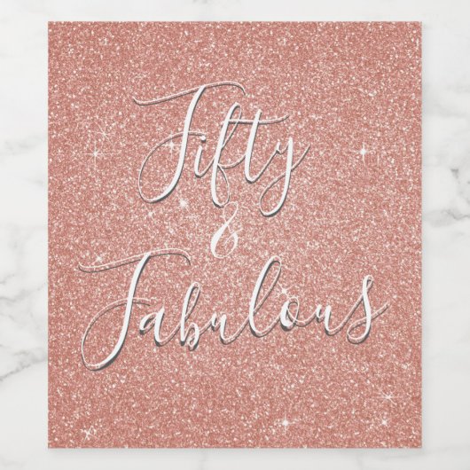 50 en Fabulous Roos Goud Blush Roze Glitter Wijn Etiket (Enkel label)