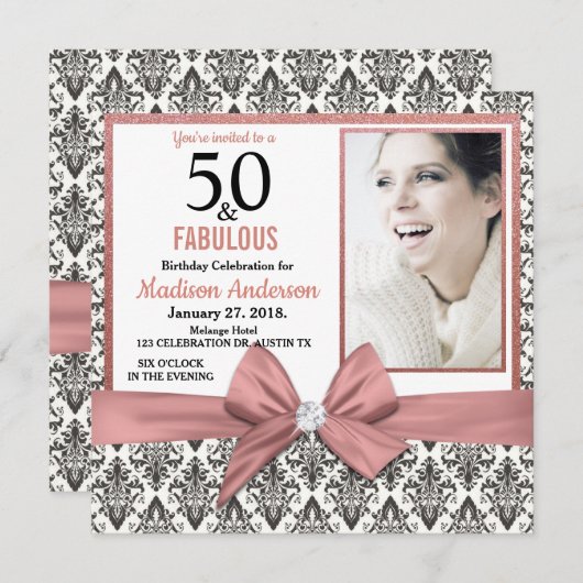 50 en Fabulous Roos gouden boog damast 50e Verjaar Kaart (Voorkant / Achterkant)