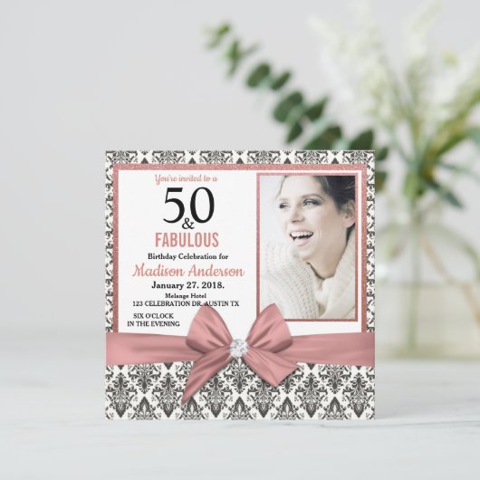 50 en Fabulous Roos gouden boog damast 50e Verjaar Kaart (Staand voorkant)