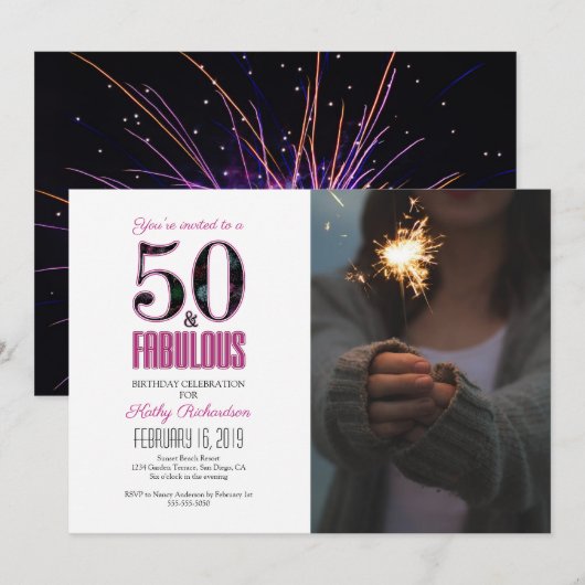 50 en Fabulous Roze 50ste verjaardagsfeest Foto Kaart (Voorkant / Achterkant)