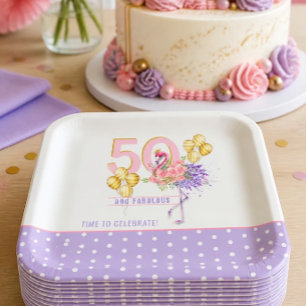 50 en Fabulous Roze Bloem Flamingo Papieren Bordje