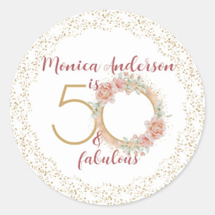 50 en Fabulous Roze Bloem Goud Foto Verjaardag Ronde Sticker