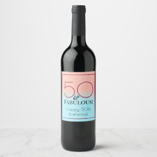 50 en Fabulous Roze en Blauwe Verjaardagsfeestje Wijn Etiket