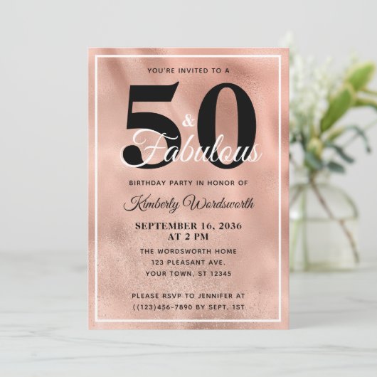 50 en Fabulous Roze Goud Glam Verjaardagsfeestje Kaart (Staand voorkant)