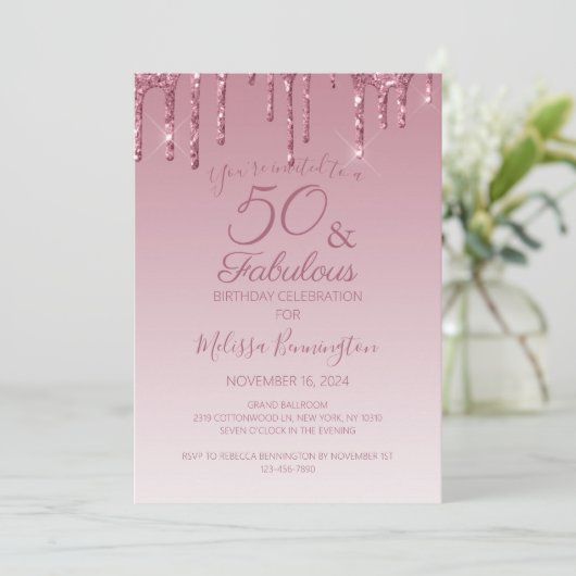 50 en Fabulous Roze Goud Roze Druppelende Glitters Kaart (Staand voorkant)