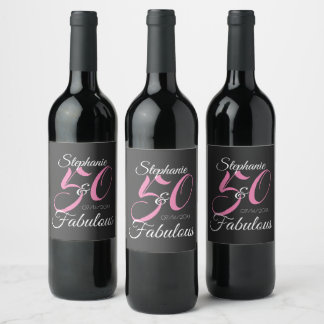 50 en Fabulous Roze Persoonlijk Verjaardagsfeest Wijn Etiket