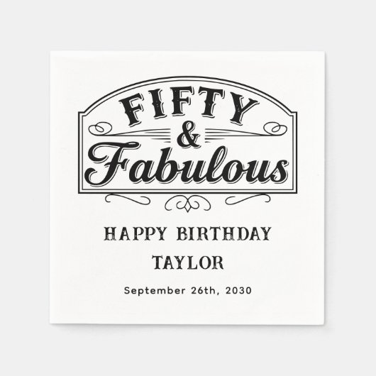 50 en Fabulous Rustieke Script Lijnkunst Zwart Wit Servet (Voorkant)