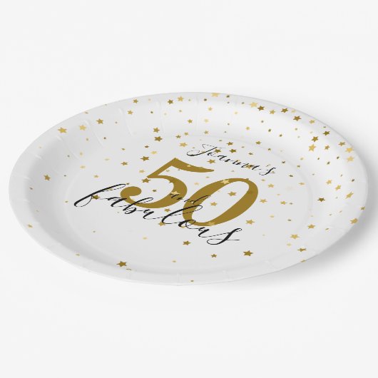 50 en Fabulous Script Gold en Black Birthday Papieren Bordje (Gekanteld)
