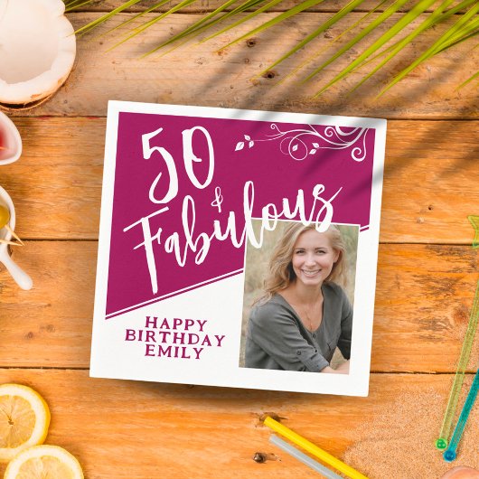 50 en Fabulous Script Photo Magenta 50th Birthday Servet