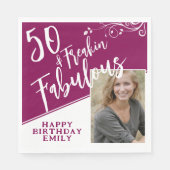 50 en Fabulous Script Photo Magenta 50th Birthday Servet (Voorkant)
