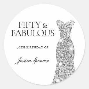50 en Fabulous Silver Dress 50th Birthday Party Ronde Sticker
