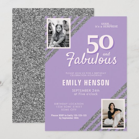 50 en Fabulous Silver Glitter 2 Foto Verjaardag Kaart (Voorkant / Achterkant)