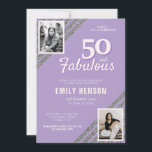 50 en Fabulous Silver Glitter 2 Foto Verjaardag Kaart<br><div class="desc">Paarse 50 en Fabulous Silver Glitter 2 foto 50e verjaardag verrassingsfeest uitnodiging. Moderne en elegante blauwgroen en faux zilveren glitter verjaardagsuitnodiging voor haar. Voeg je foto's toe - je kunt een oude en een nieuwe foto gebruiken. U kunt alle tekst wijzigen.</div>