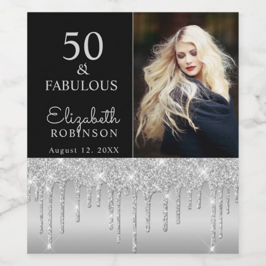 50 en Fabulous Silver Glitter Drip Birthday Party Wijn Etiket (Enkel label)