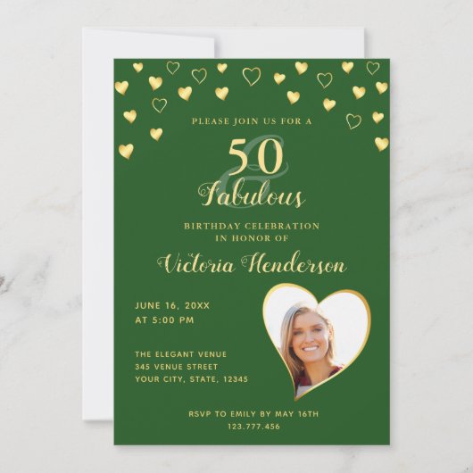 50 en Fabulous Solid Green en Gold Birthday Kaart (Voorkant)