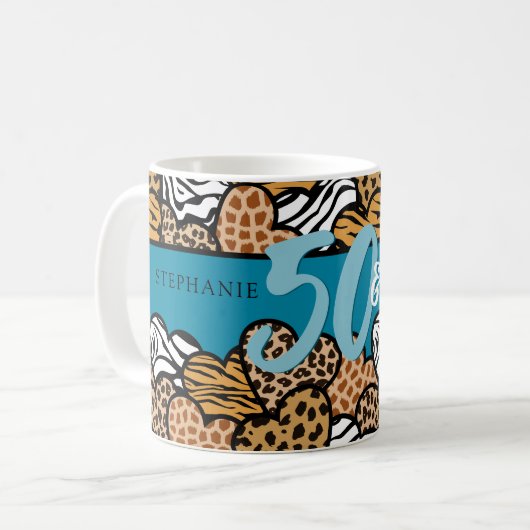 50 en Fabulous Stijlvolle Teal Dierenprint Harten Koffiemok (Voorkant links)