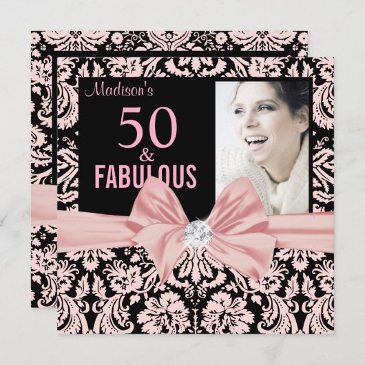 50 en Fabulous Stylish roze damask bow-verjaardag Kaart (Voorkant / Achterkant)