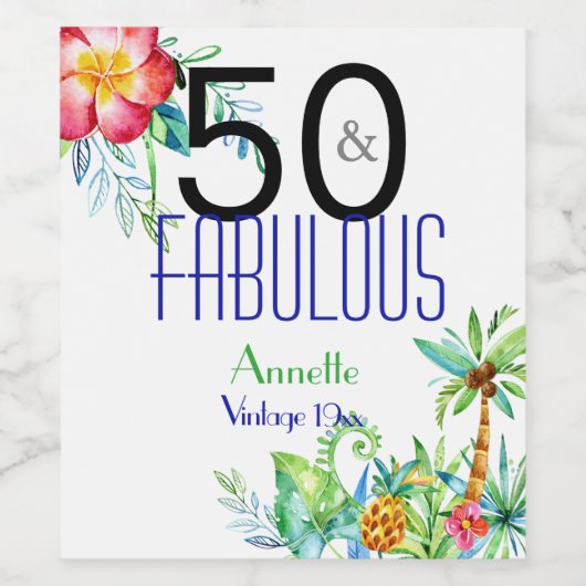 50. en Fabulous Tropical 50th Birthday Party Wijn Etiket (Enkel label)