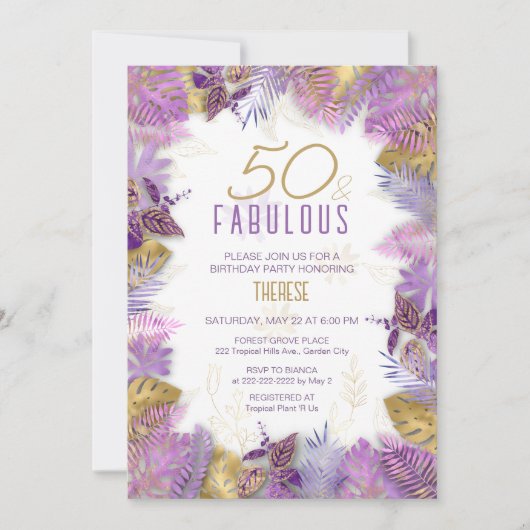 50 en Fabulous Tropical Paars Gold 50th Birthday Kaart (Voorkant)