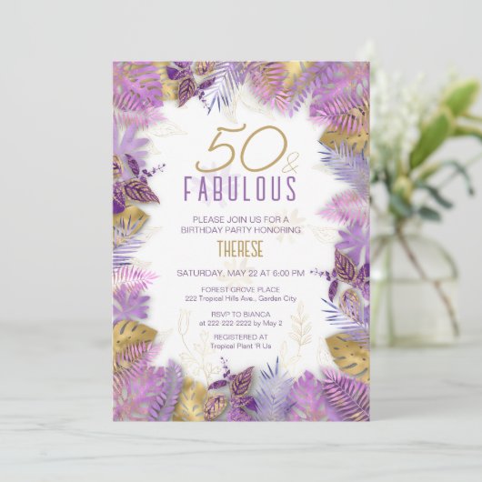 50 en Fabulous Tropical Paars Gold 50th Birthday Kaart (Staand voorkant)