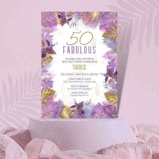 50 en Fabulous Tropical Paars Gold 50th Birthday Kaart