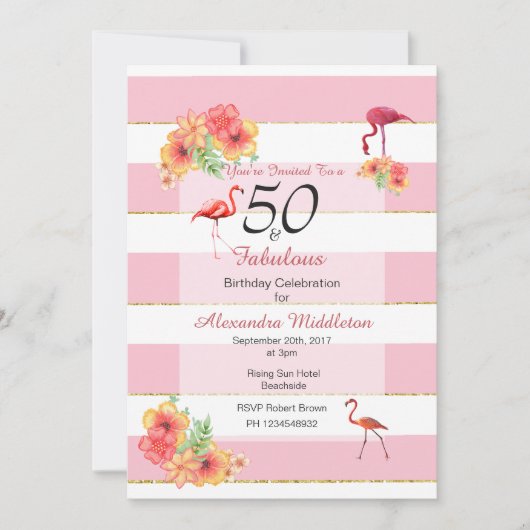 50 en Fabulous Tropical Pink Birthday Invitation Kaart (Voorkant)