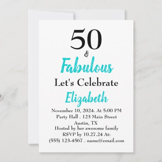 50 en Fabulous Turquoise Birthday Kaart (Voorkant)